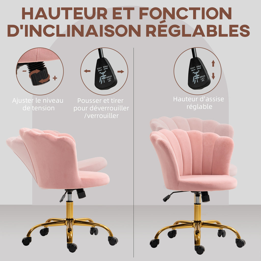 Chaise bureau en velours, chaise coiffeuse avec dossier en pétale, hauteur réglable, 69 x 64 x 80-90 cm, rose-3