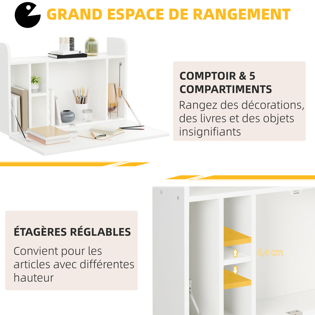 Bureau suspendu table murale table d'ordinateur murale et tablette rabattable avec rangements - 77 x 20 x 51 cm-4