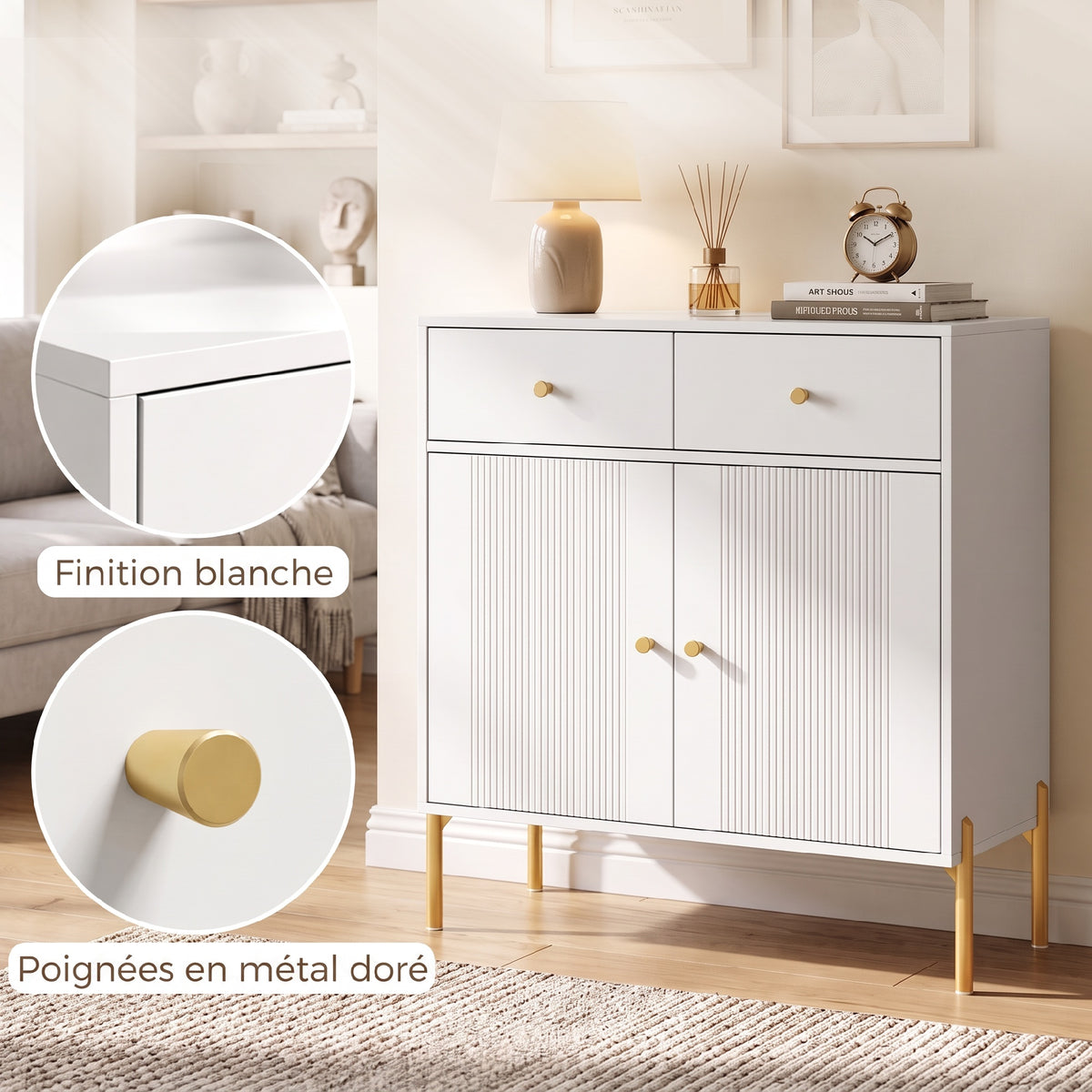 Buffet Salon, Meuble de Rangement avec 2 Portes, 2 Tiroirs, Étagères Réglables et Pieds en Métal, 80 x 39 x 86 cm, Blanc-5