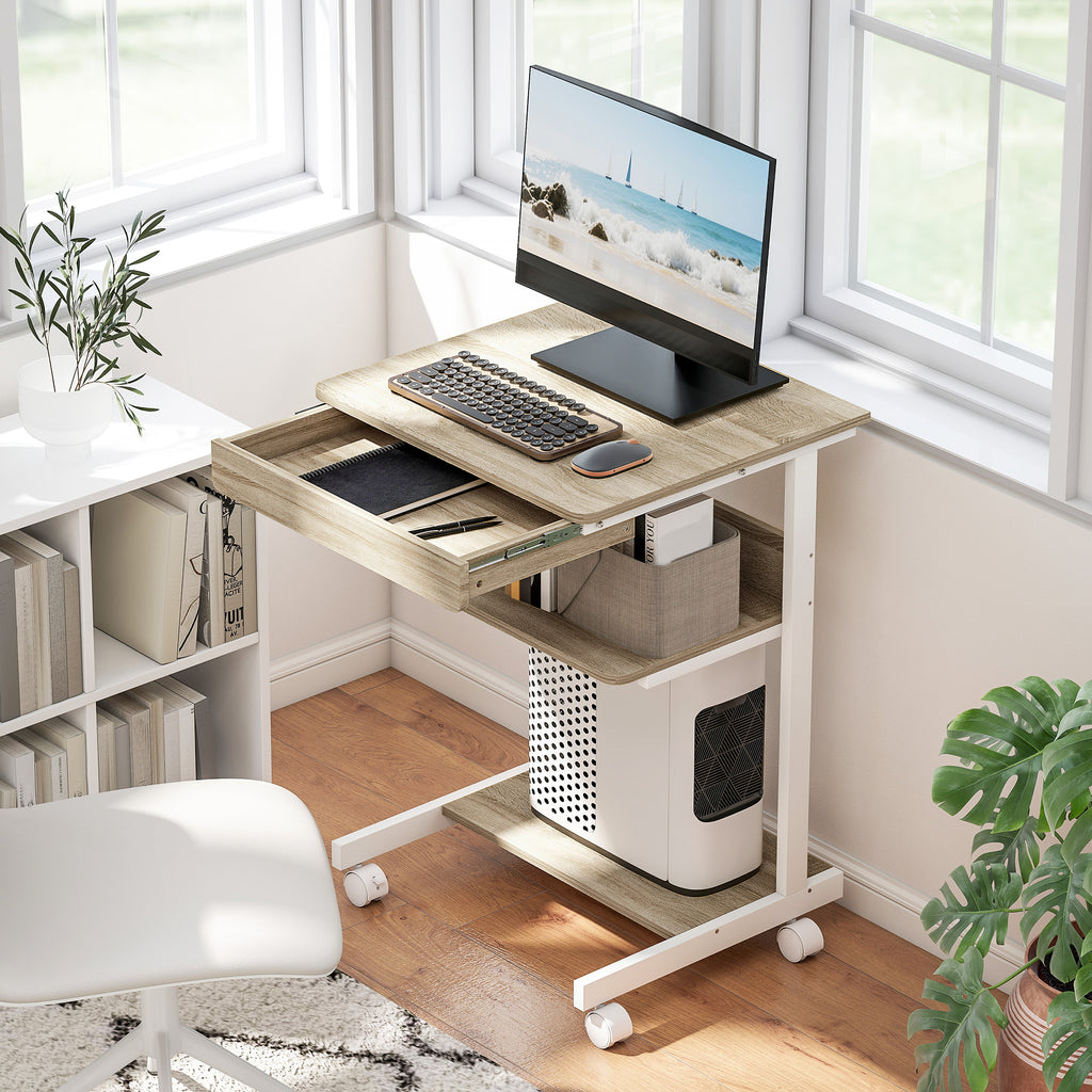 Bureau d'ordinateur sur roues, bureau avec rangement 56 x 51 cm avec tiroir, compartiment et support CPU, chêne-1