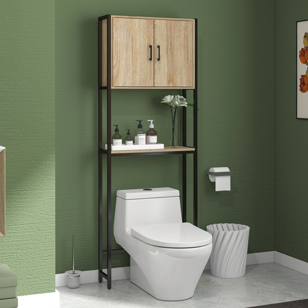 Étagère de toilettes meuble de salle de bain dessus toilette WC avec placard 2 portes et étagère ouverte-7