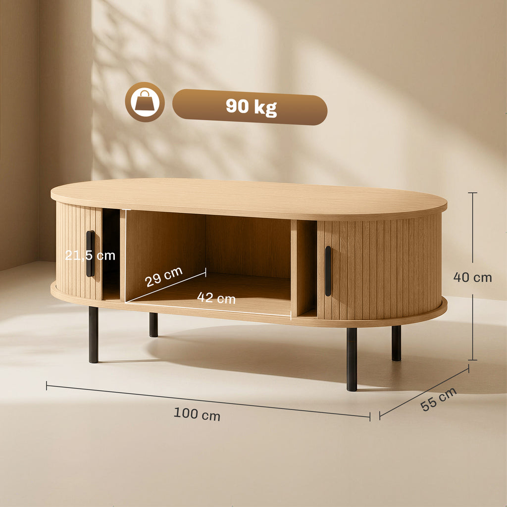 Table basse ovale en bois, table de salon moderne avec portes coulissantes et rangement caché, 100x55x40cm, bois naturel-2