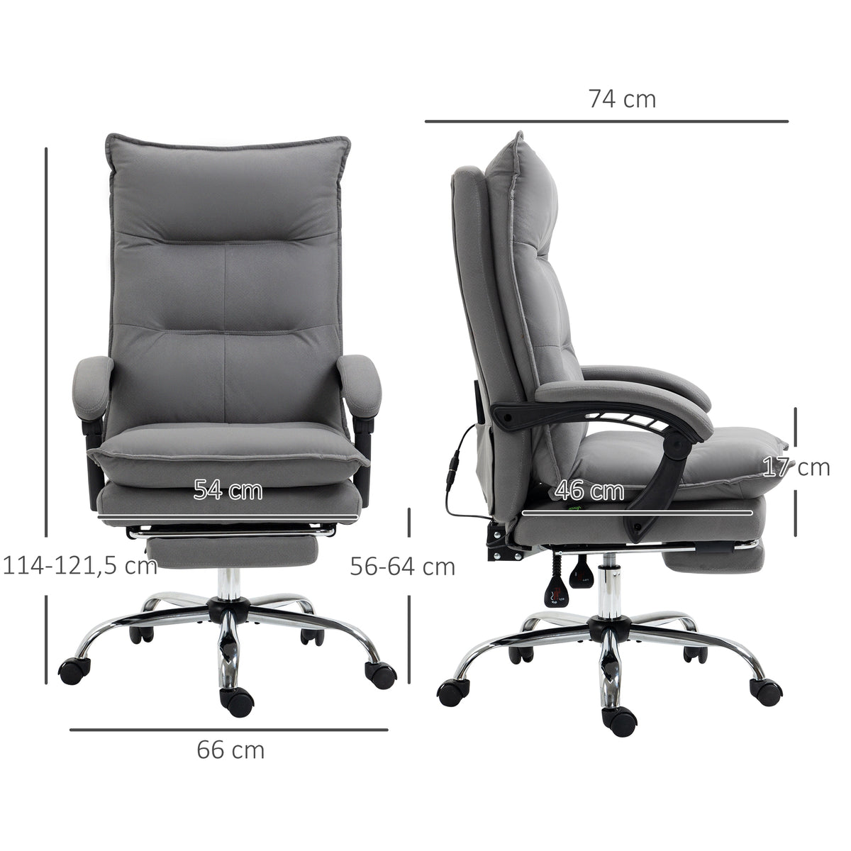 Fauteuil de bureau massant et chauffant, chaise de bureau, hauteur réglable, dossier inclinable, 66x74x121,5cm gris-2