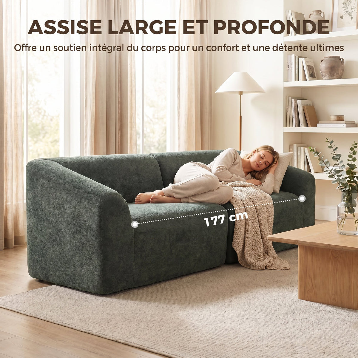 Canapé 3 places en chenille 225 cm, canapé salon rembourré moderne avec assise large, coussin à ressorts, vert foncé-5