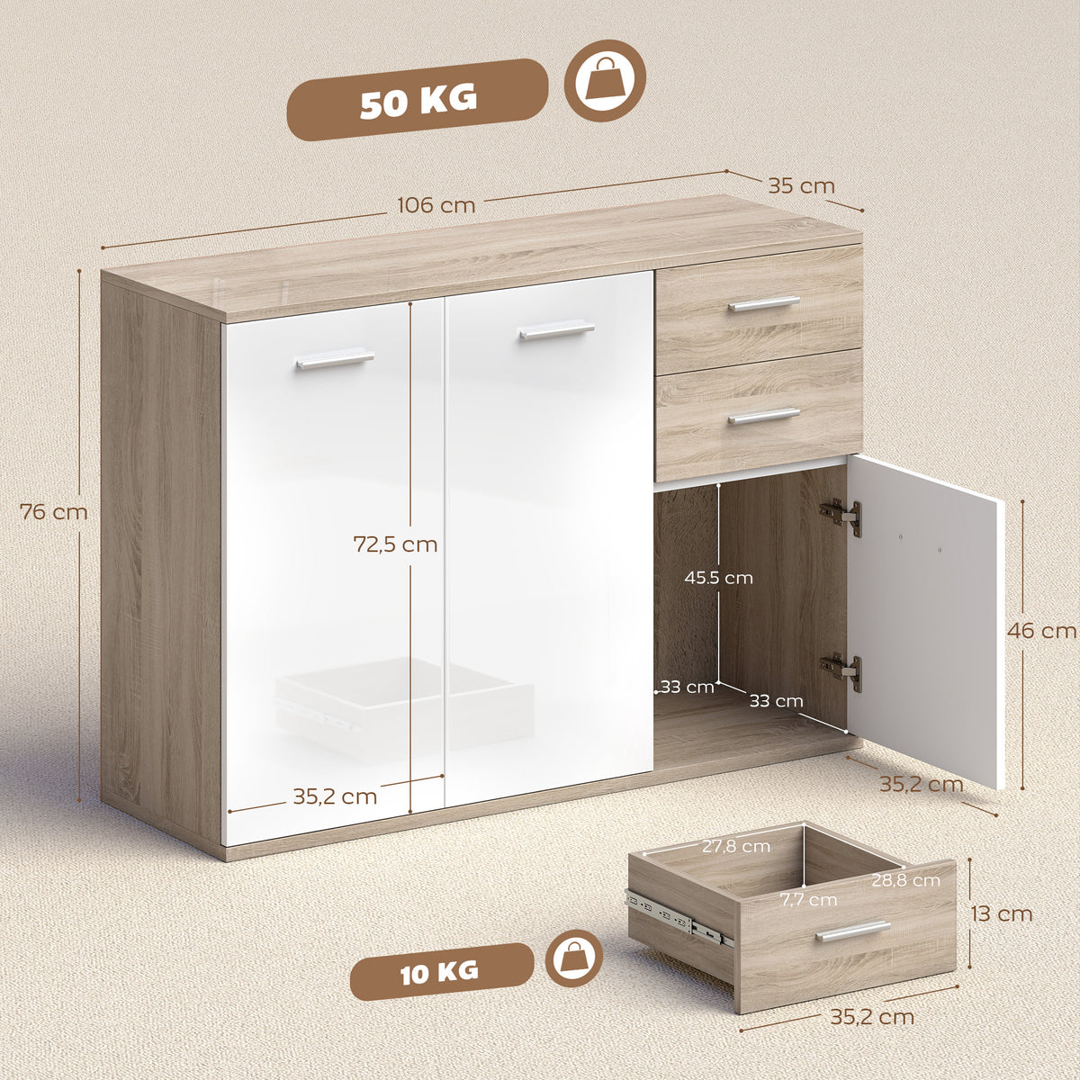 Buffet salon, meuble de rangement avec 2 tiroirs, 3 portes et étagère réglable, 106 x 35 x 76 cm, blanc et bois naturel-2