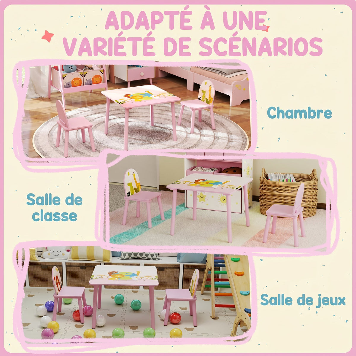Table enfant avec chaise, ensemble table et 2 chaises en bois pour dessiner, jouer, étudier, rose-5