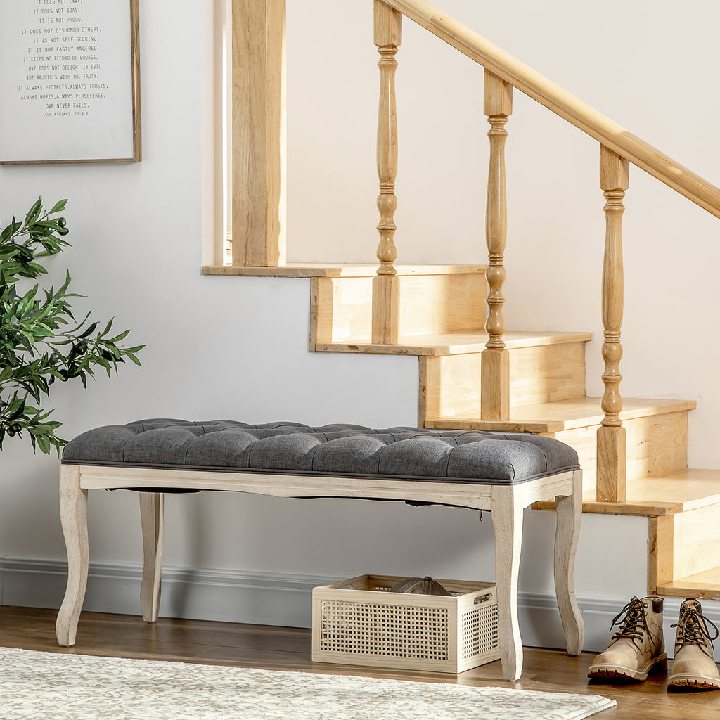 Banc Banquette capitonnée Style Classique 110 cm Bout de lit Rembourrée en lin piètement Bois hévéa sculpté Lin Gris-9