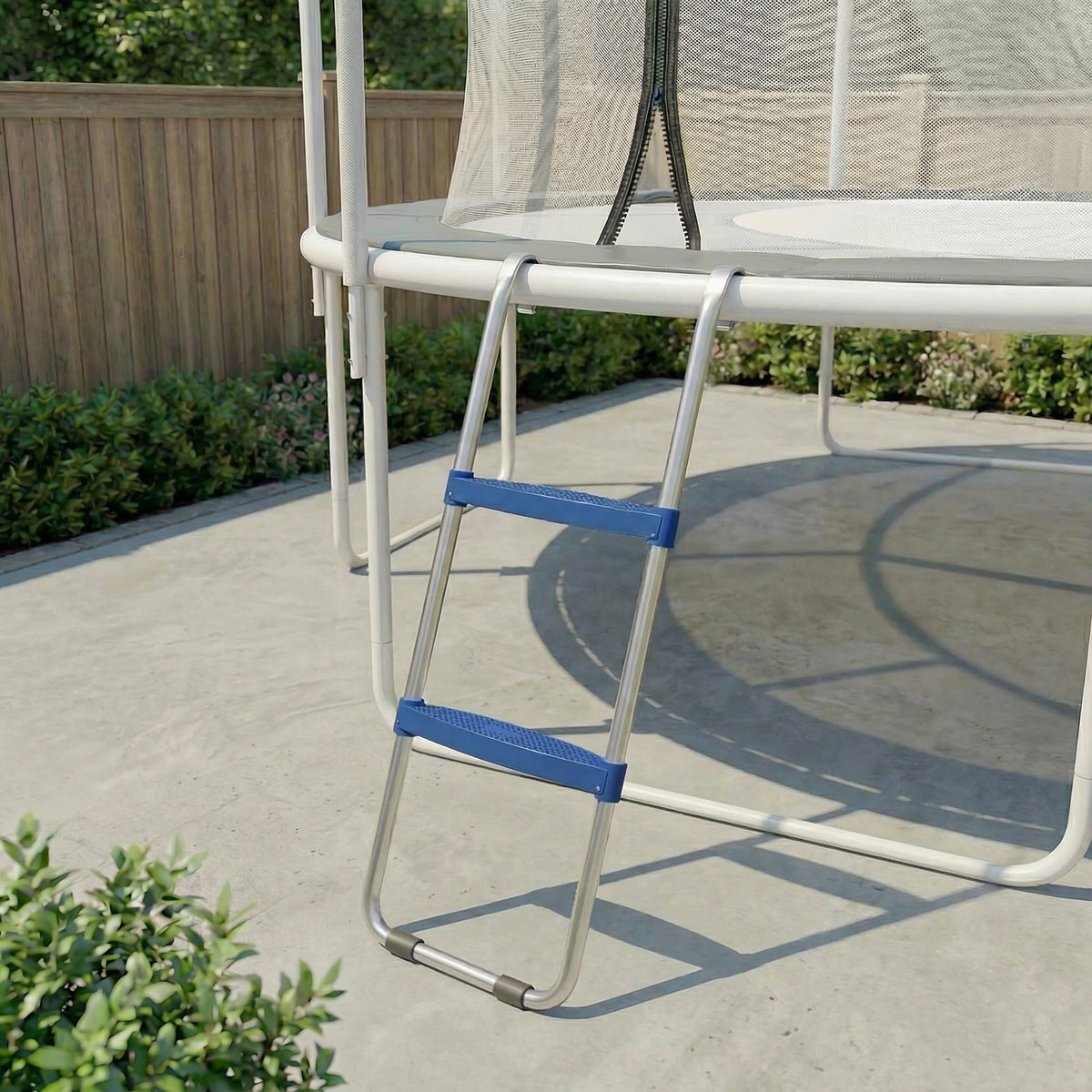 Échelle de Trampoline 2 Marches Larges avec Crochet Universel, Cadre en Acier Galvanisé, Charge 150 kg, 97x32x7 cm, Bleu-8