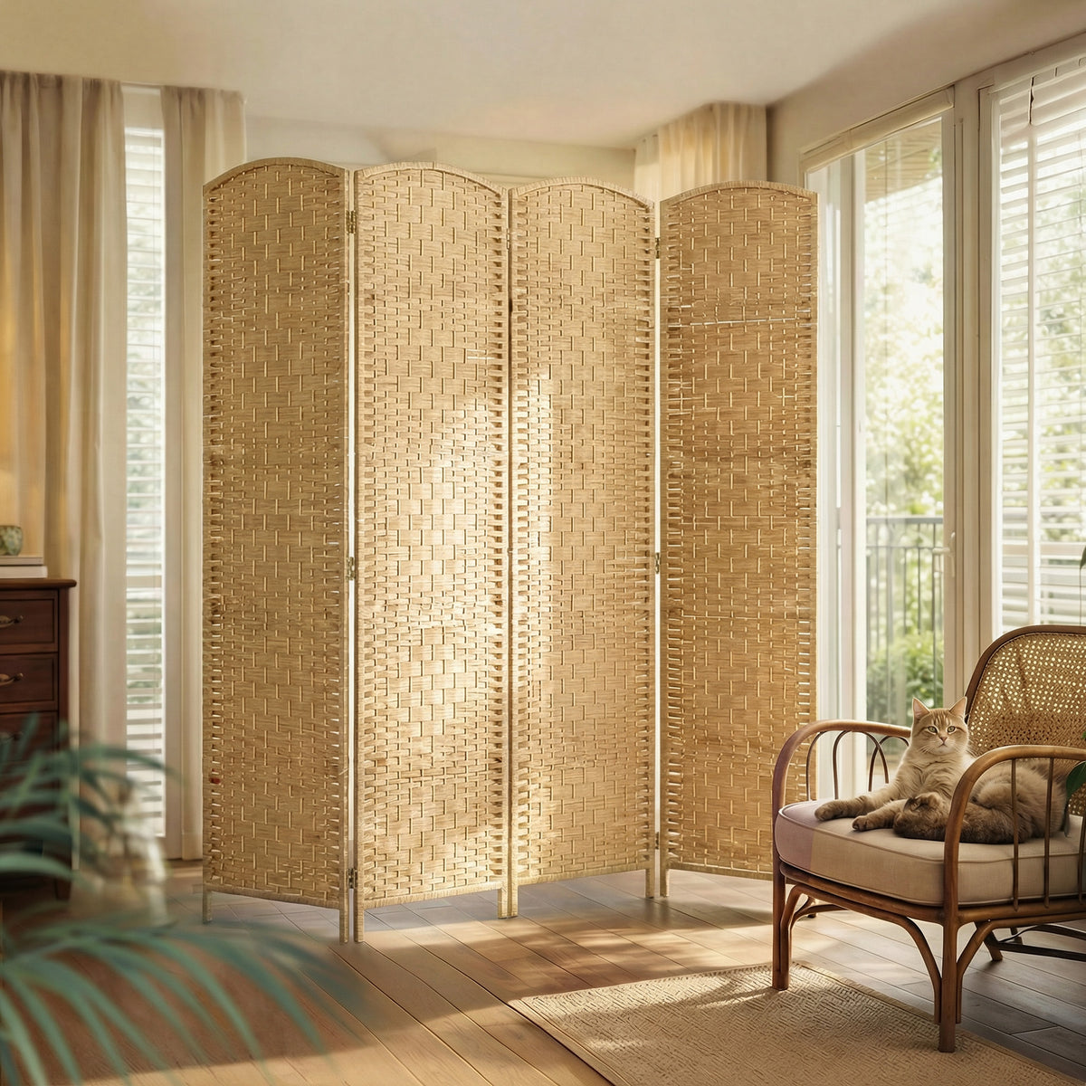 Paravent intérieur en bois 4 panneaux séparateur de pièce pliable pour salon chambre 180 x 180 cm bois naturel-9