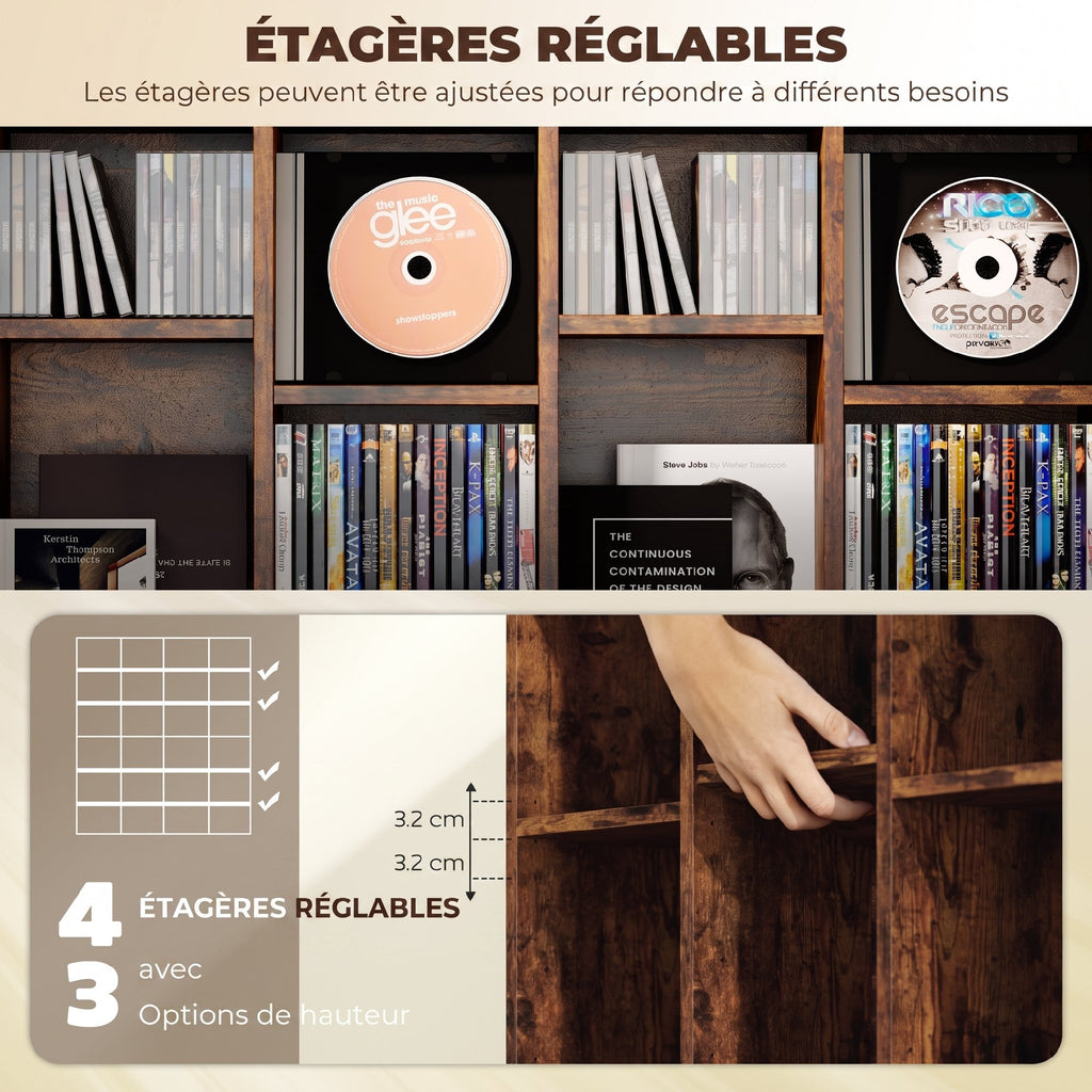 Meuble de Rangement 456 CDs / 336 DVDs, Étagère Multimédia, 24 Compartiments et 16 Étagères Ajustables, Marron-4