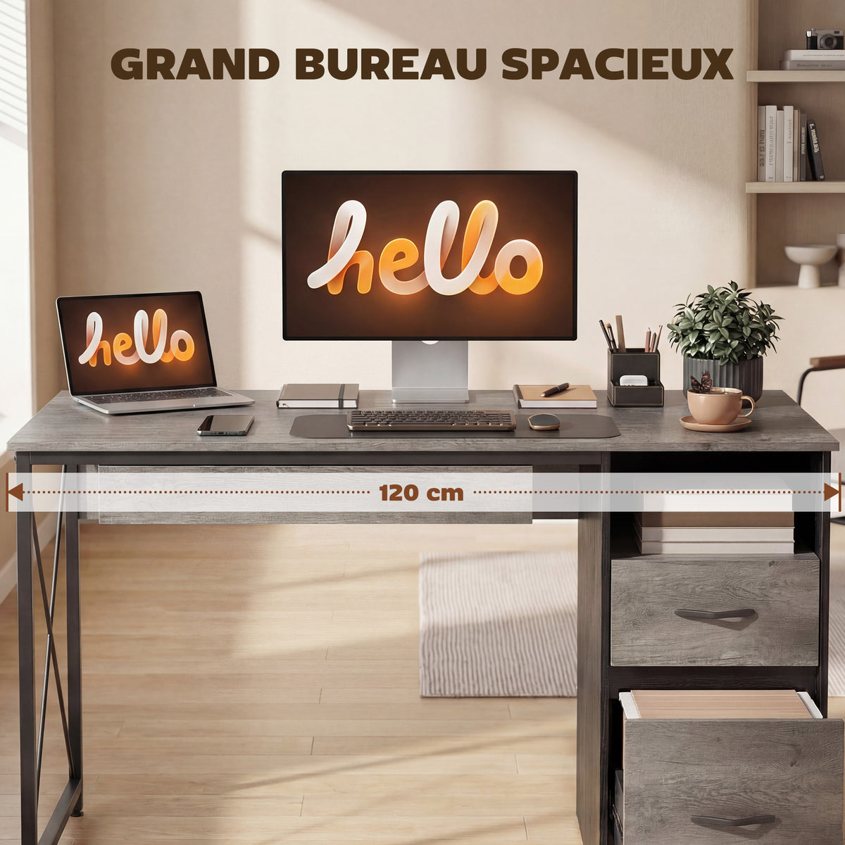 Bureau d'ordinateur, 120×50cm, bureau avec rangement, plateau clavier, compartiment ouvert et 2 tiroirs, gris-3