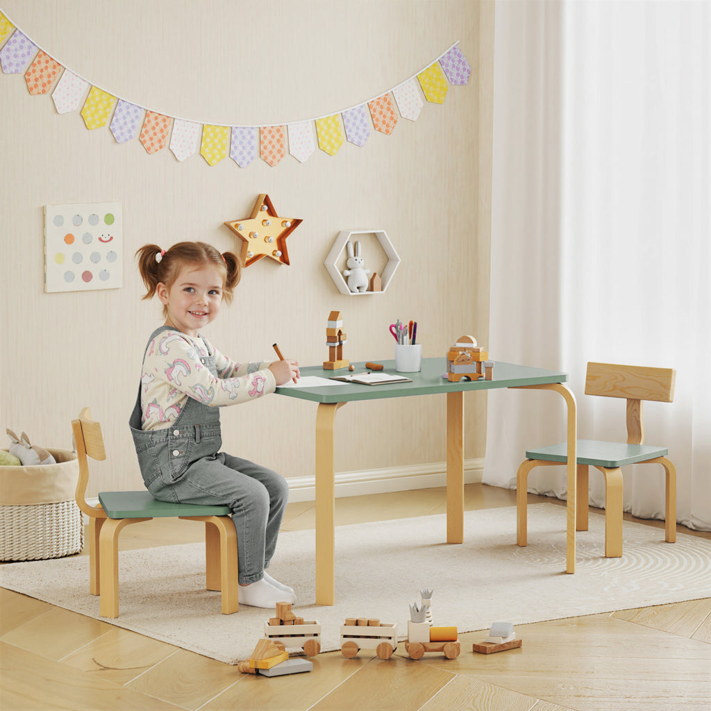 Table enfant avec chaises, lot table et 2 chaises enfant en bois pour dessiner, jouer, étudier, 78x53x53cm, vert-1
