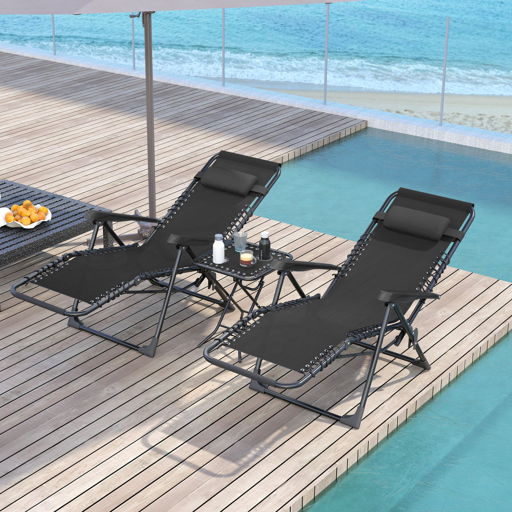 Lot de 2 chaise longue pliable et inclinable avec table d'appoint, porte-gobelets et appuie-têtes, charge 120 kg, noir-1