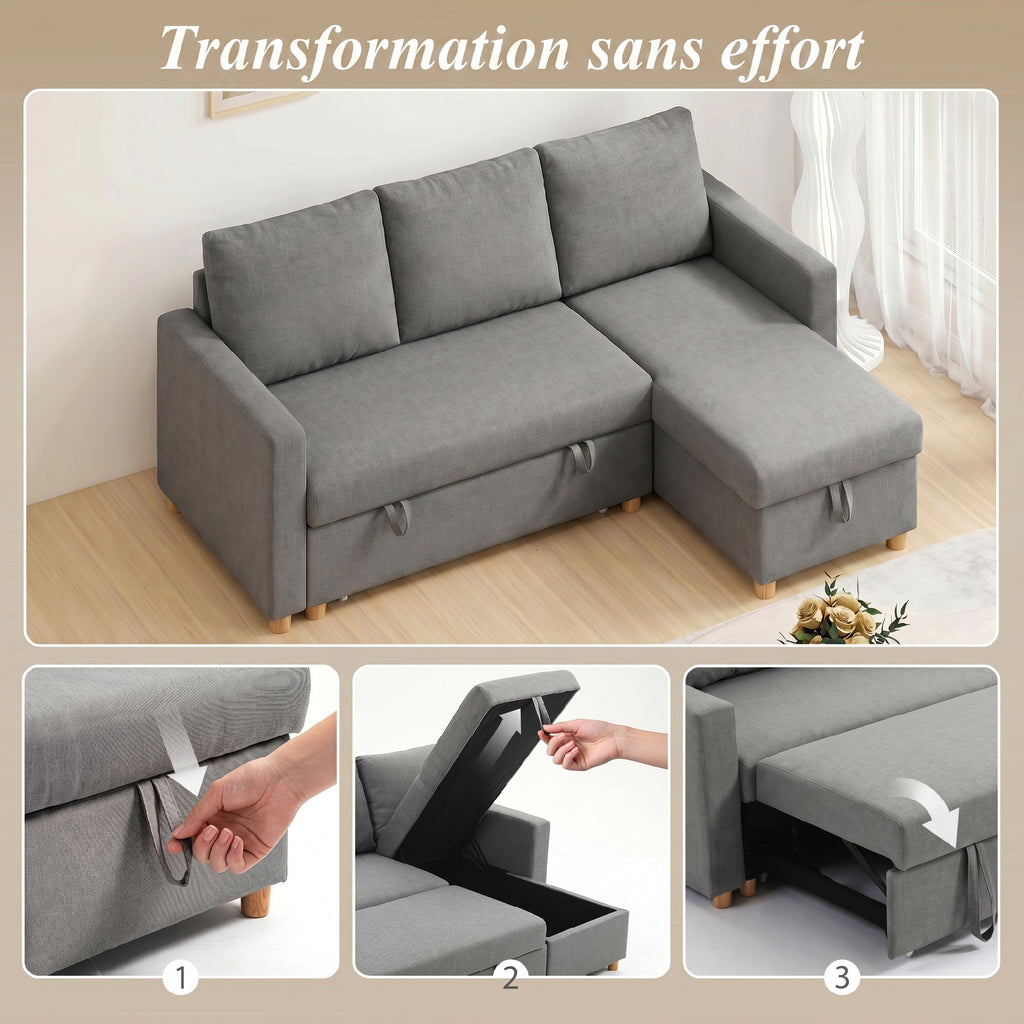 Canapé d'angle convertible canapé lit canapé 3 places modulable avec méridienne réversible, coffre de rangement intégré et 3 coussins de dossier, tissu aspect lin, gris-3