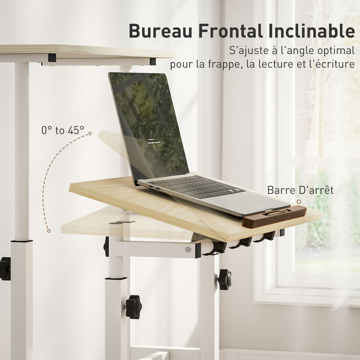 Bureau assis debout bureau réglable en hauteur 60 x 60 cm à roulettes avec plateau inclinable cadre en métal naturel-4