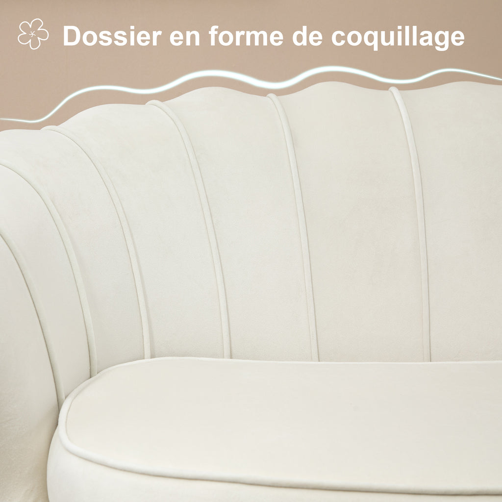 Canapé 2 places en tissu velours, petit canapé, en forme de coquillage, avec coussin épais de 10 cm, crème-3