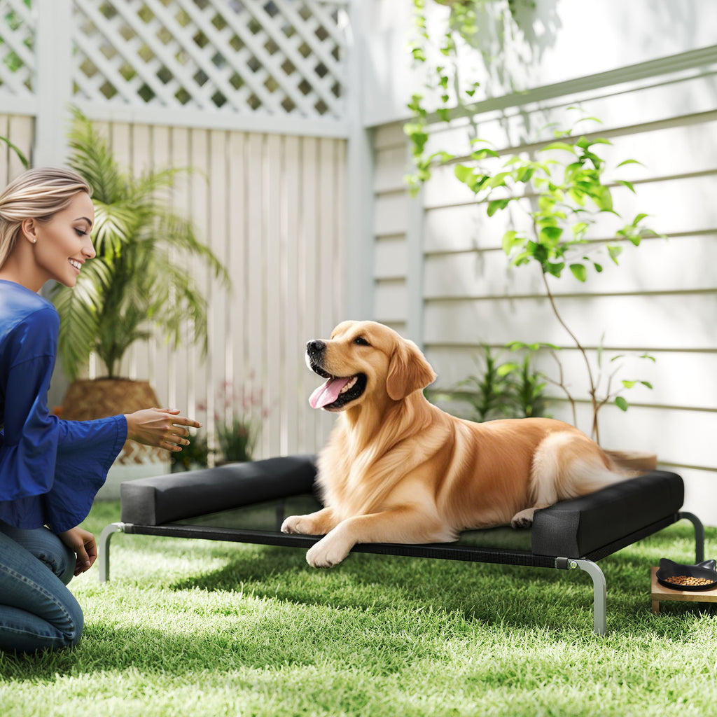 Lit surélevé pour chien rafraichissant, lit de camp pour chiens intérieur extérieur portable, 130 x 90 x 30 cm, noir-1