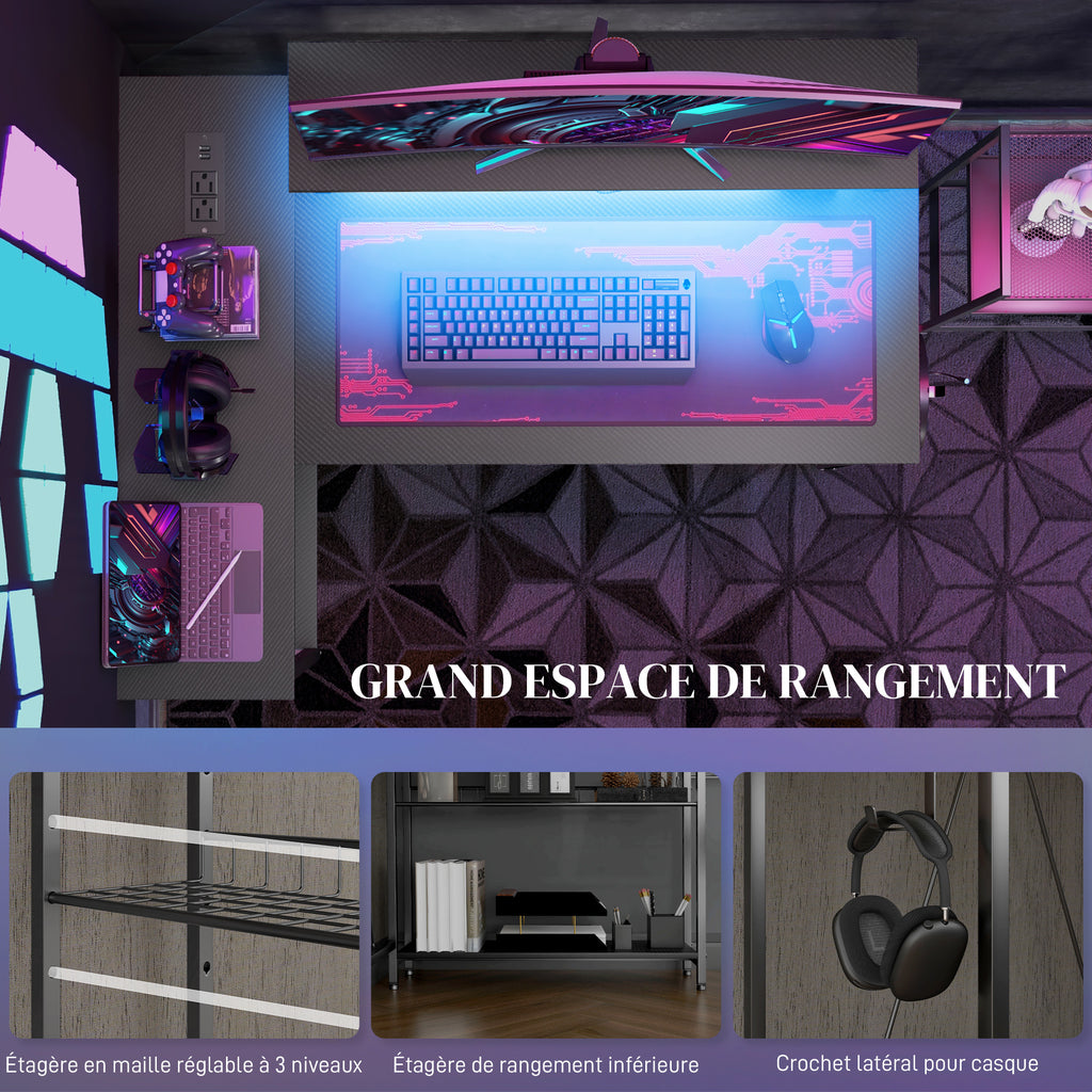 Bureau d'angle réversible, bureau d'ordinateur avec LED, 2 prises et 2 ports USB et panier réglable, 107x80x90cm, noir-7
