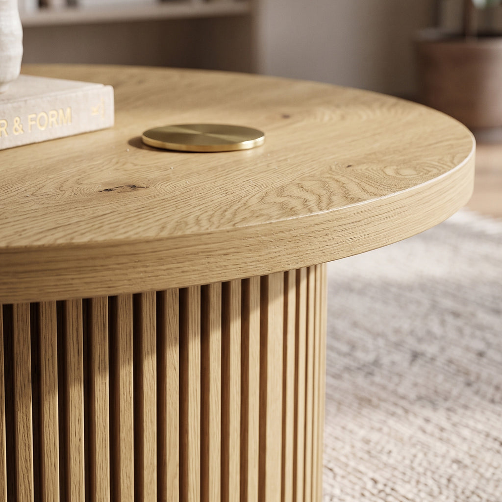 Table basse ronde en bois, table de salon avec piètement cannelé, style moderne, effet bois naturel-9
