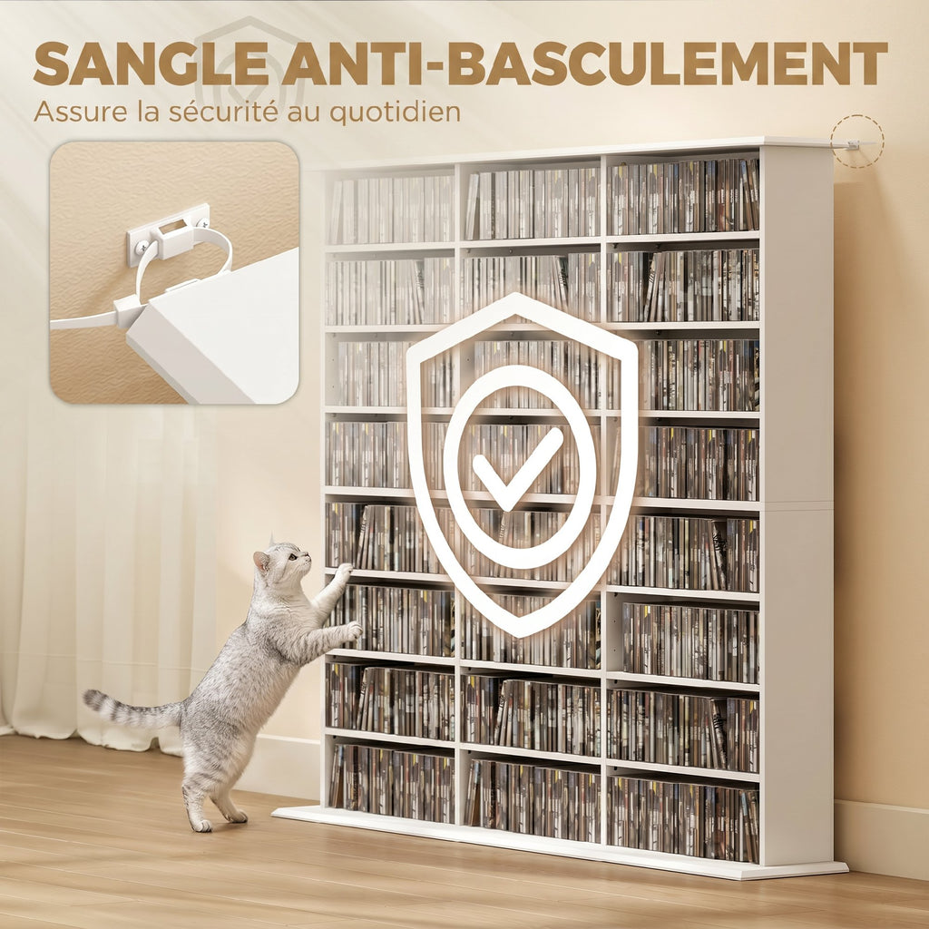 Meuble de rangement 1032 CDs / 594 DVDs, étagère multimédia, 24 compartiments et 18 étagères ajustables, blanc-5