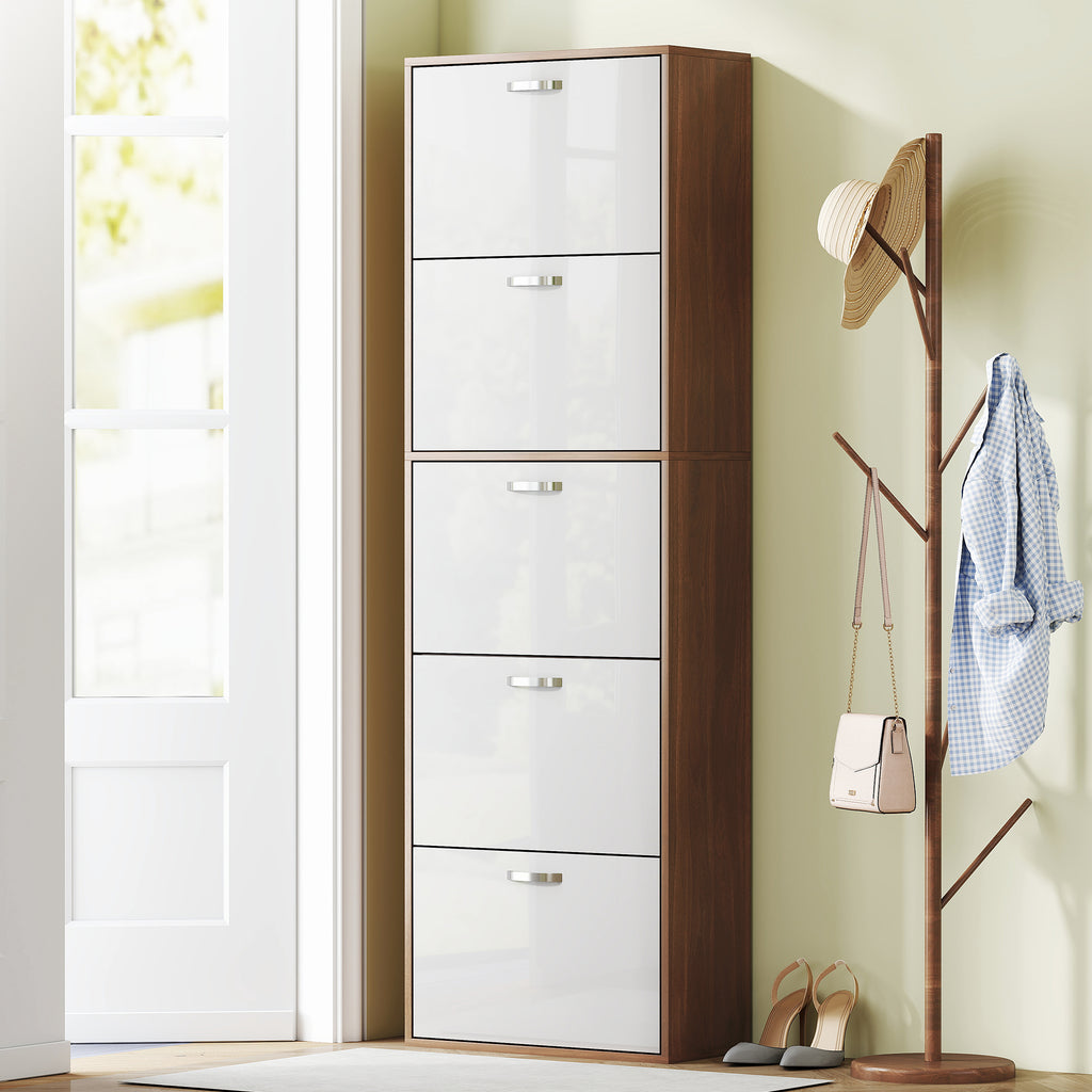 Armoire à Chaussures Meuble à Chaussures 5 Portes abattantes Bicolore Blanc Marron foncé Imitation Bois-1