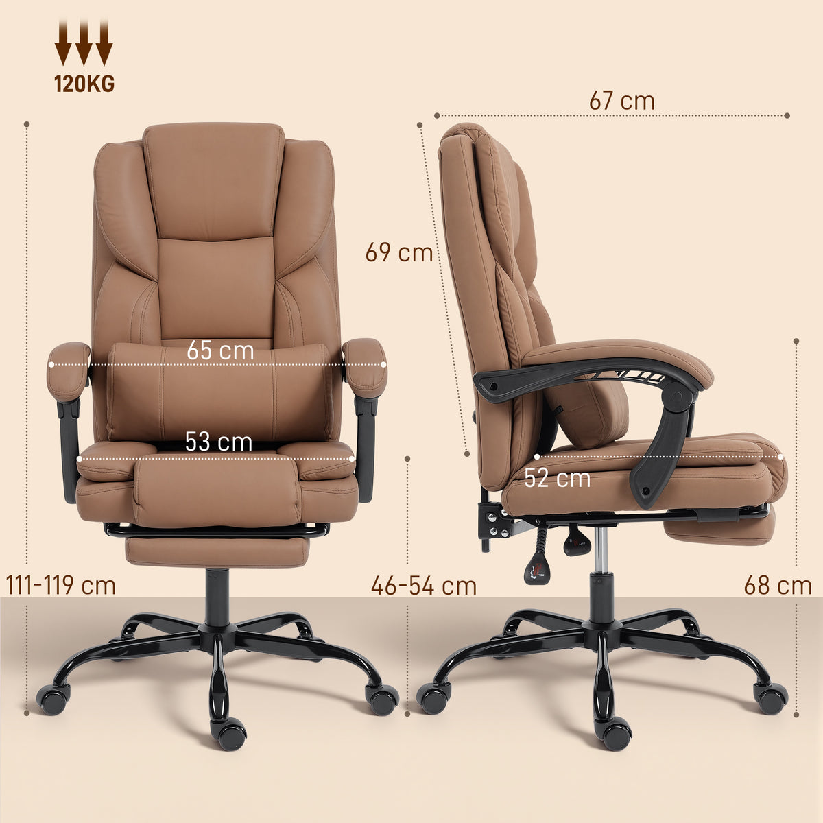 Chaise bureau ergonomique, fauteuil de bureau avec dossier inclinable, hauteur réglable, 65x67x111-119cm, marron-2
