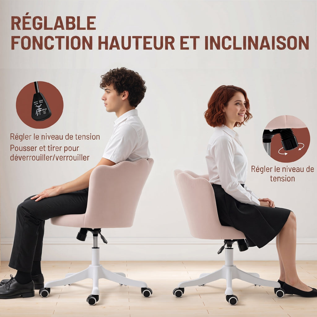 Chaise bureau en velours, chaise coiffeuse avec dossier en pétale, hauteur réglable, 69 x 64 x 80-90 cm, rose-3