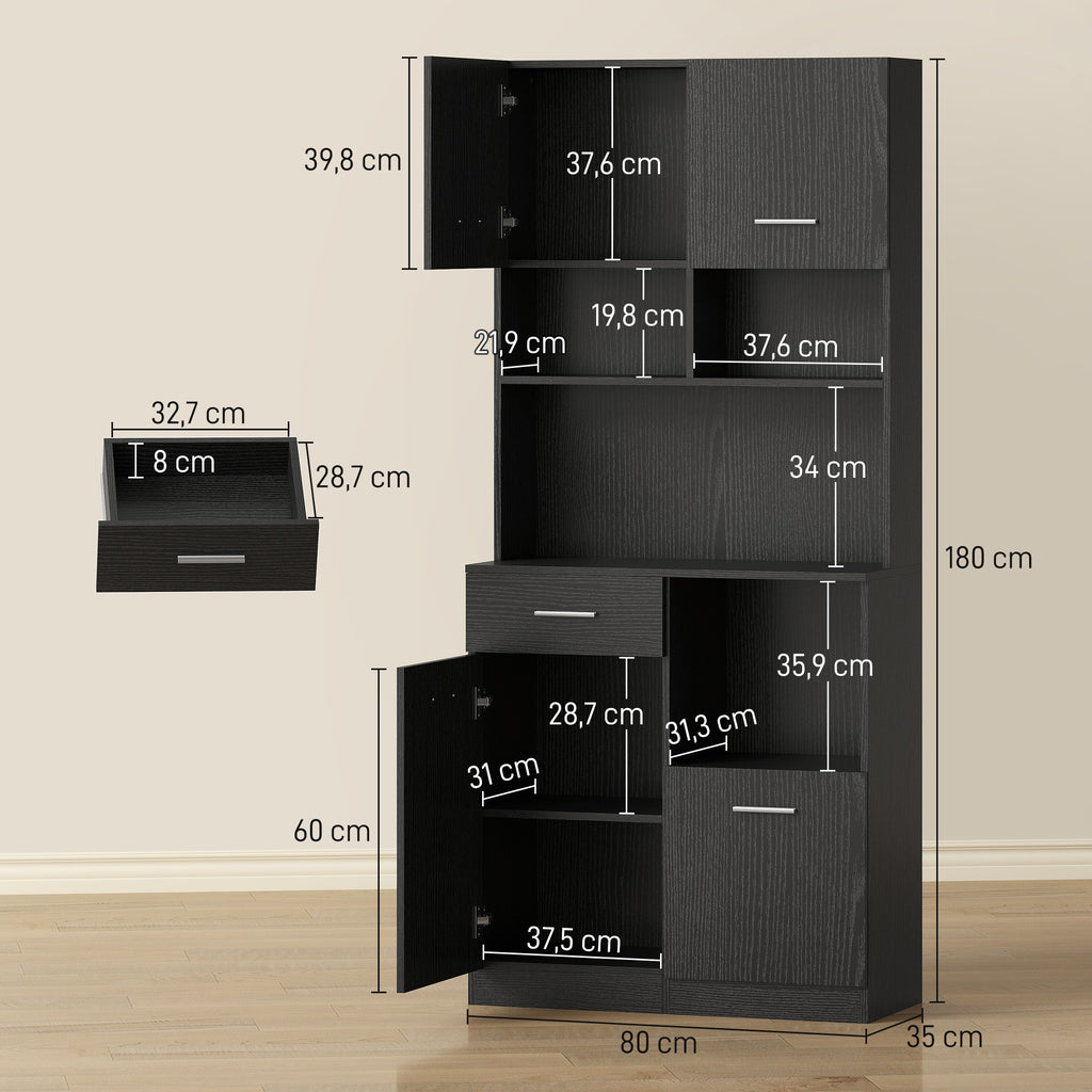 Buffet Haut Cuisine, Armoire de Cuisine avec 4 Portes à Fermeture Douce, Tiroir et Étagères Réglables, Noir-2