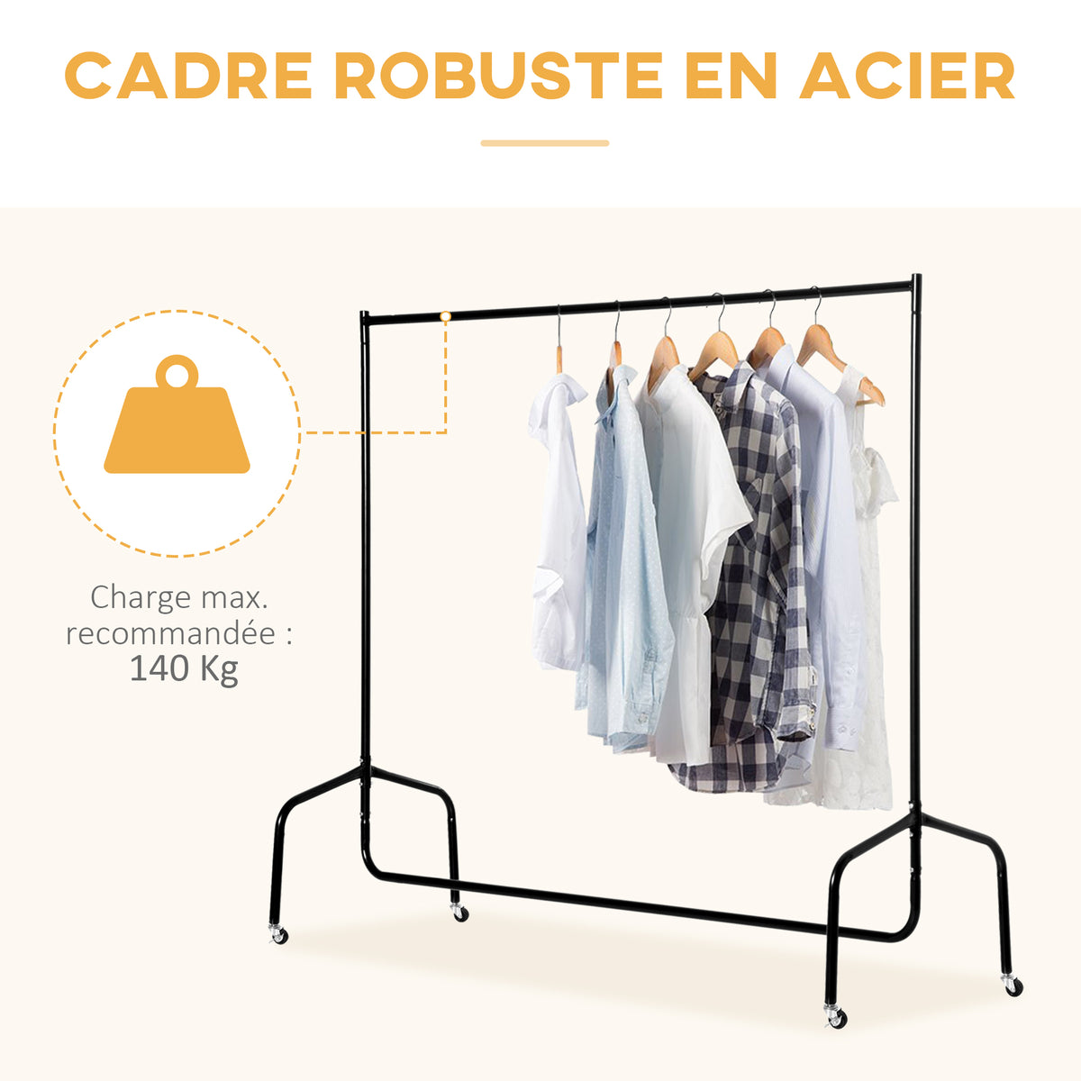 Portant à Vêtements avec Roulettes Tringle a Vêtement solide Charge 140 Kg 150 x 60 x 170 cm Porte-Manteau en acier noir-5