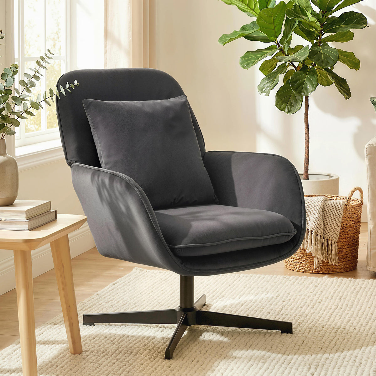 Fauteuil salon, fauteuil d'appoint rembourré en velours avec large assise, coussin et structure en métal, gris foncé-1