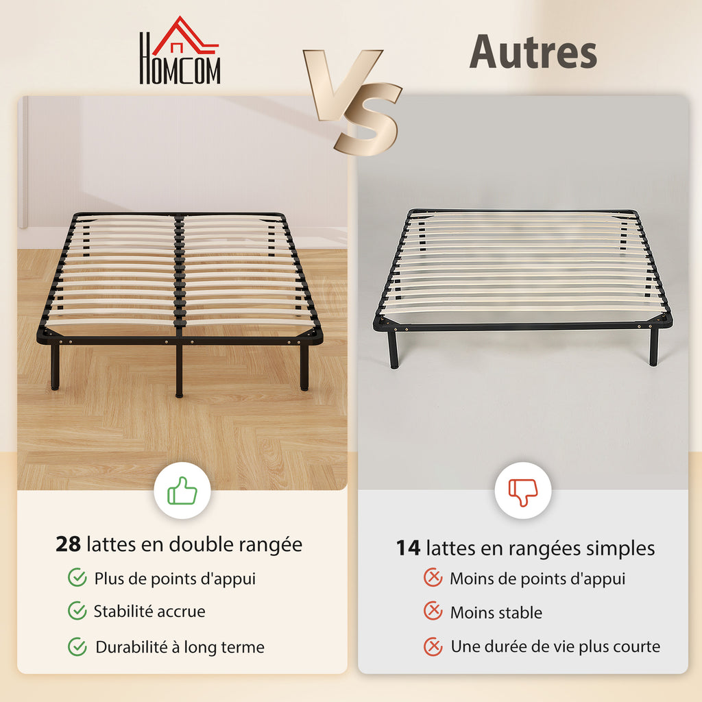 Cadre de lit 140 x 190 cm, lit 2 personnes en bois massif avec sommier à lattes et pied, rangement au-dessous, noir-3