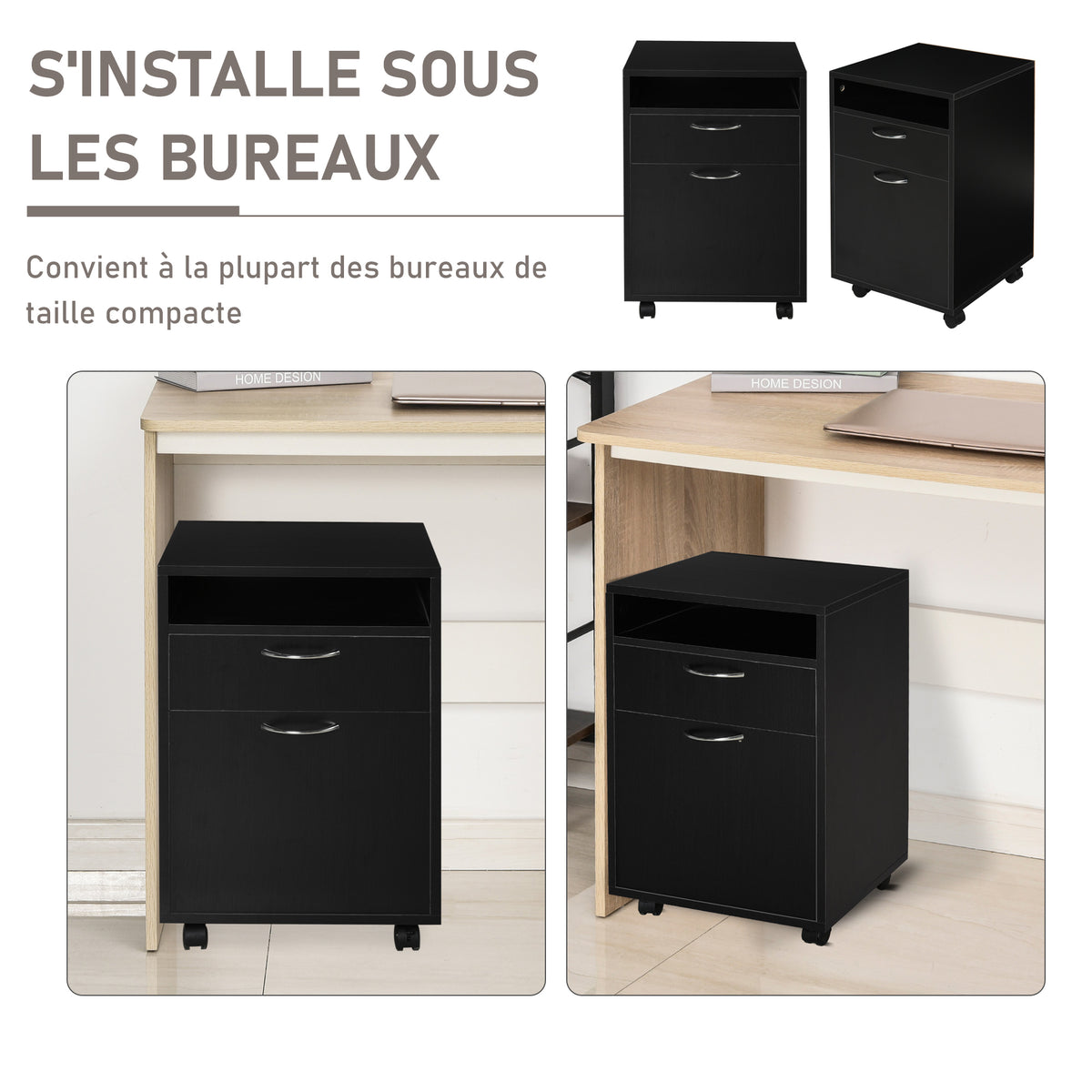 Caisson de bureau rangement bureau sur roulettes tiroir placard niche panneaux particules noir-4