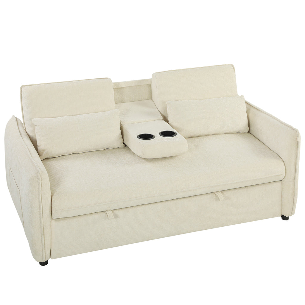 Canapé convertible 2 places 3 en 1, canapé-lit clic clac en chenille avec dossier réglable, porte-gobelets, beige-0