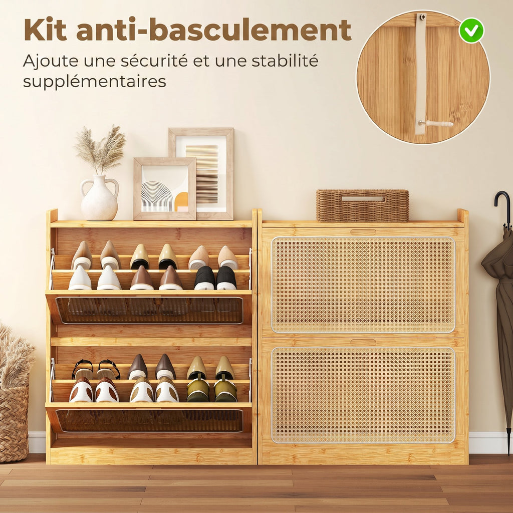 Meuble à chaussures 14 paires, armoire à chaussures 2 tiroirs rabattables, étagères réglables, 69x29x83cm, bois naturel-8