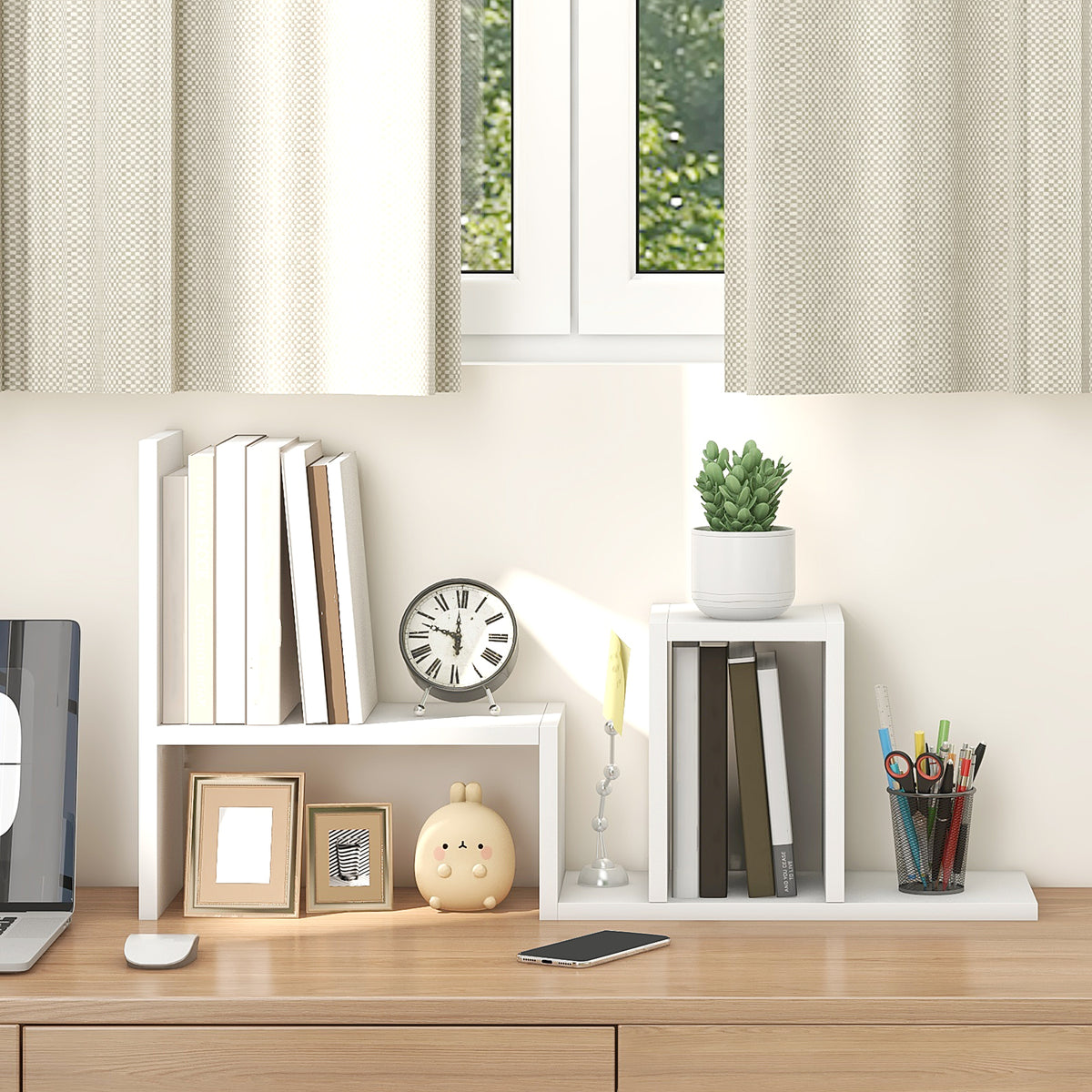 Étagère de bureau modulable, organisateur de bureau multifonctionnel, 2 pièces, MDF, blanc-6
