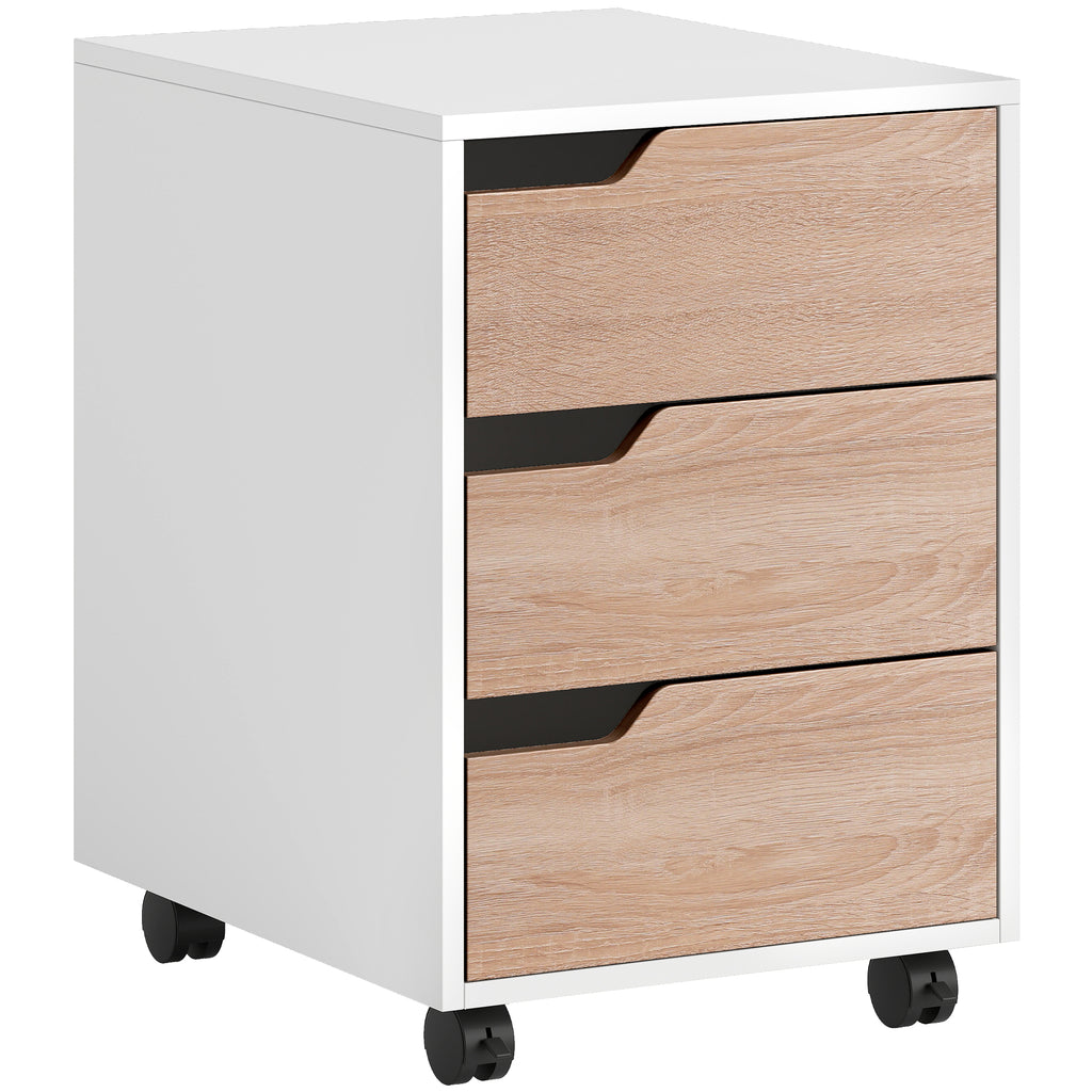 Caisson bureau mobile, meuble rangement bureau sur roulettes, 3 tiroirs, 40x50x57,5cm, blanc et chêne-0