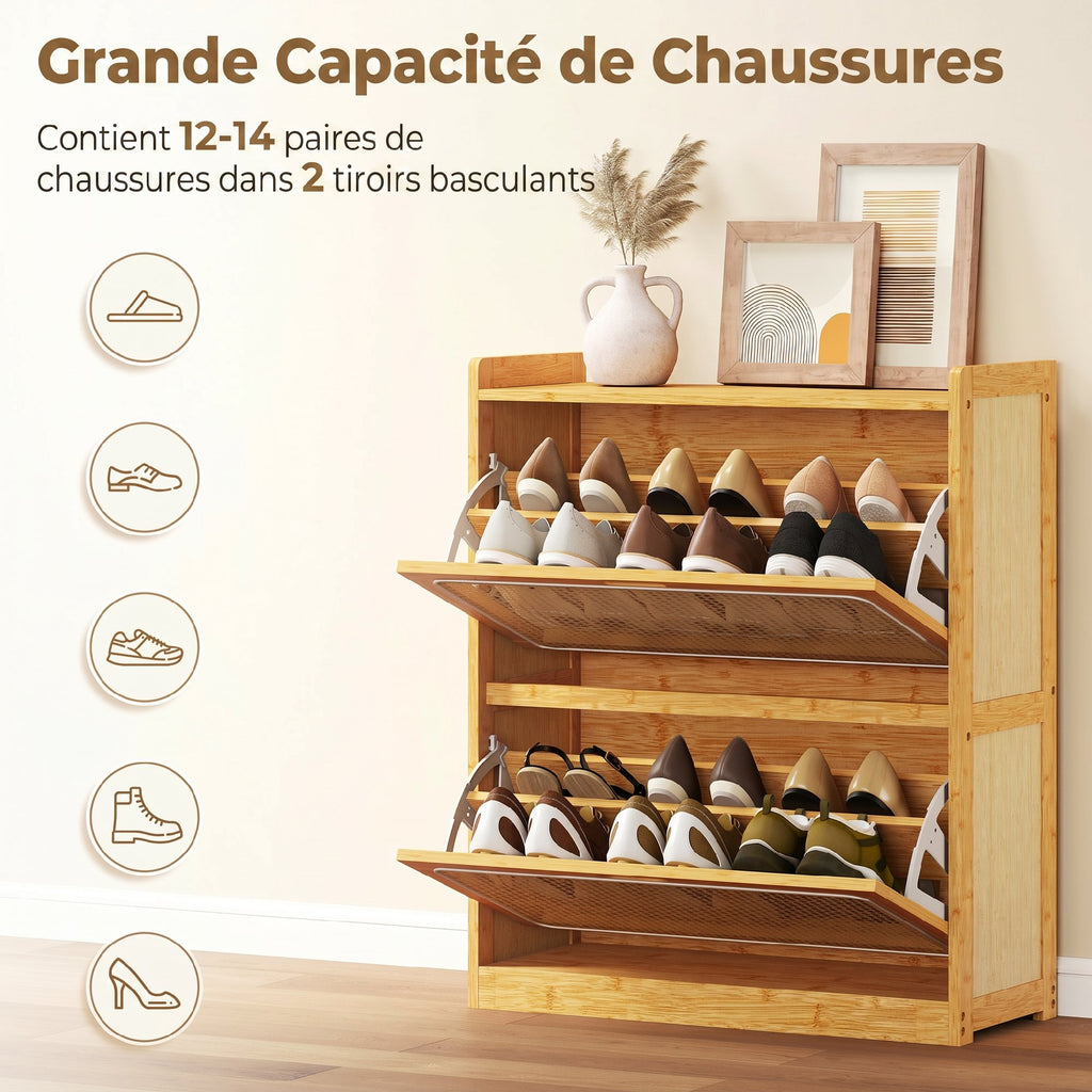 Meuble à chaussures 14 paires, armoire à chaussures 2 tiroirs rabattables, étagères réglables, 69x29x83cm, bois naturel-4