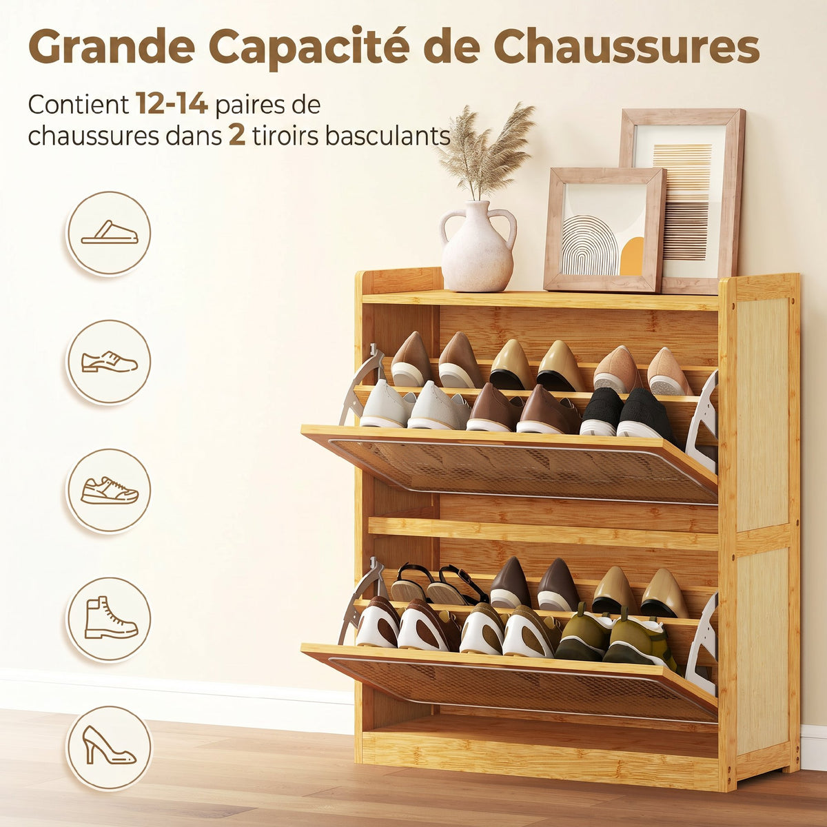 Meuble à chaussures 14 paires, armoire à chaussures 2 tiroirs rabattables, étagères réglables, 69x29x83cm, bois naturel-4