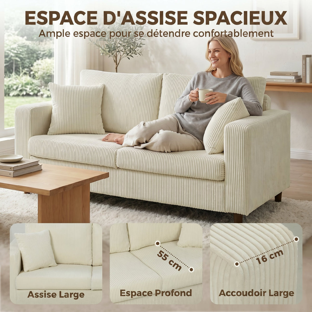 Canapé 2 Places en Velours Côtelé, Canapé de Salon Moderne 170 cm, Assise Large, Coussin à Ressorts, Crème-3