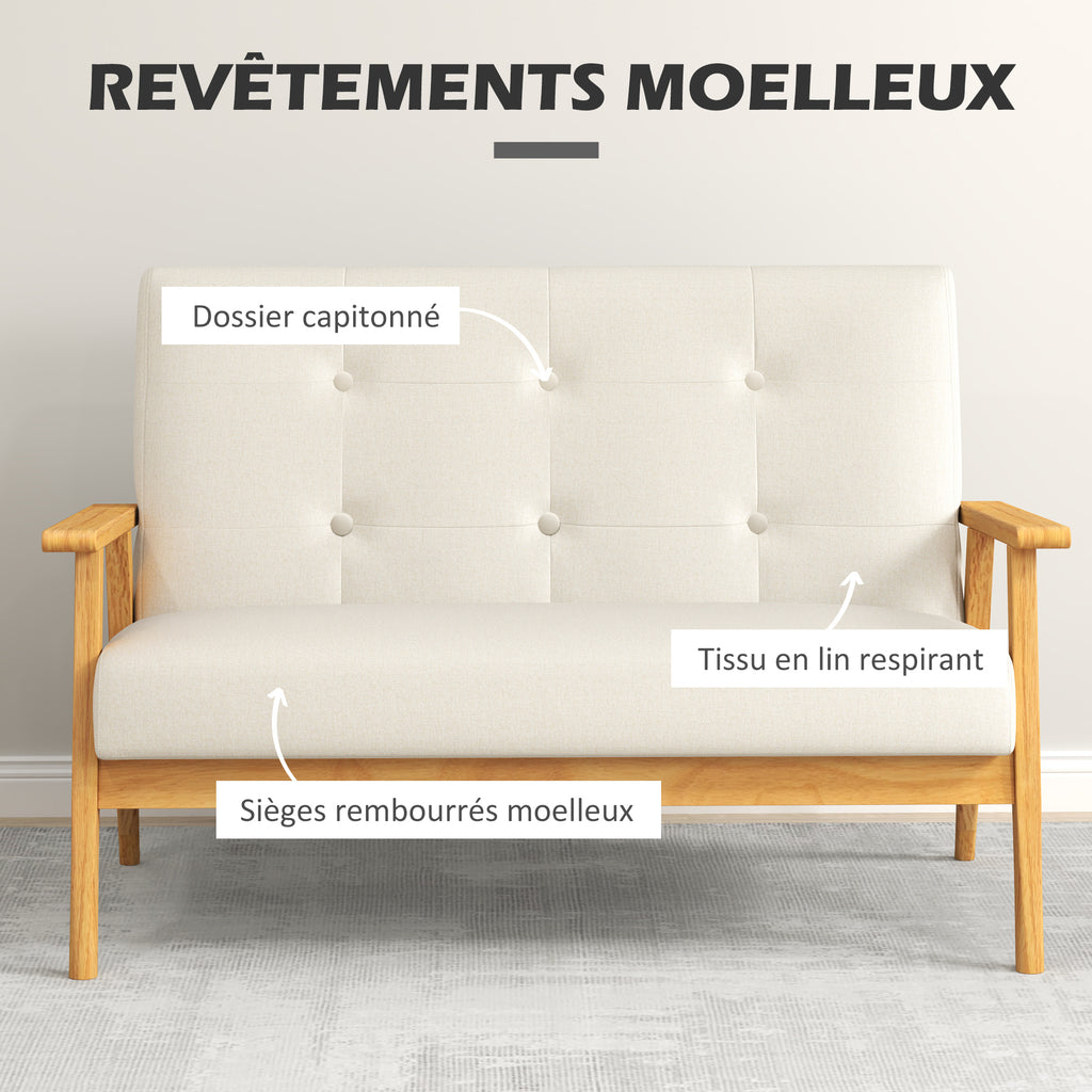 Canapé 2 places 115 cm canapé scandinave avec dossier capitonné, assise rembourrée et accoudoirs, beige-3