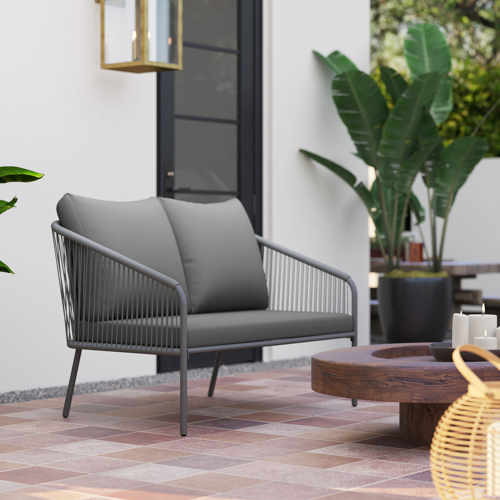 Canapé de jardin 2 places en résine tressée avec coussins canapé d'extérieur accoudoirs cadre en acier 112x72x76cm gris-9