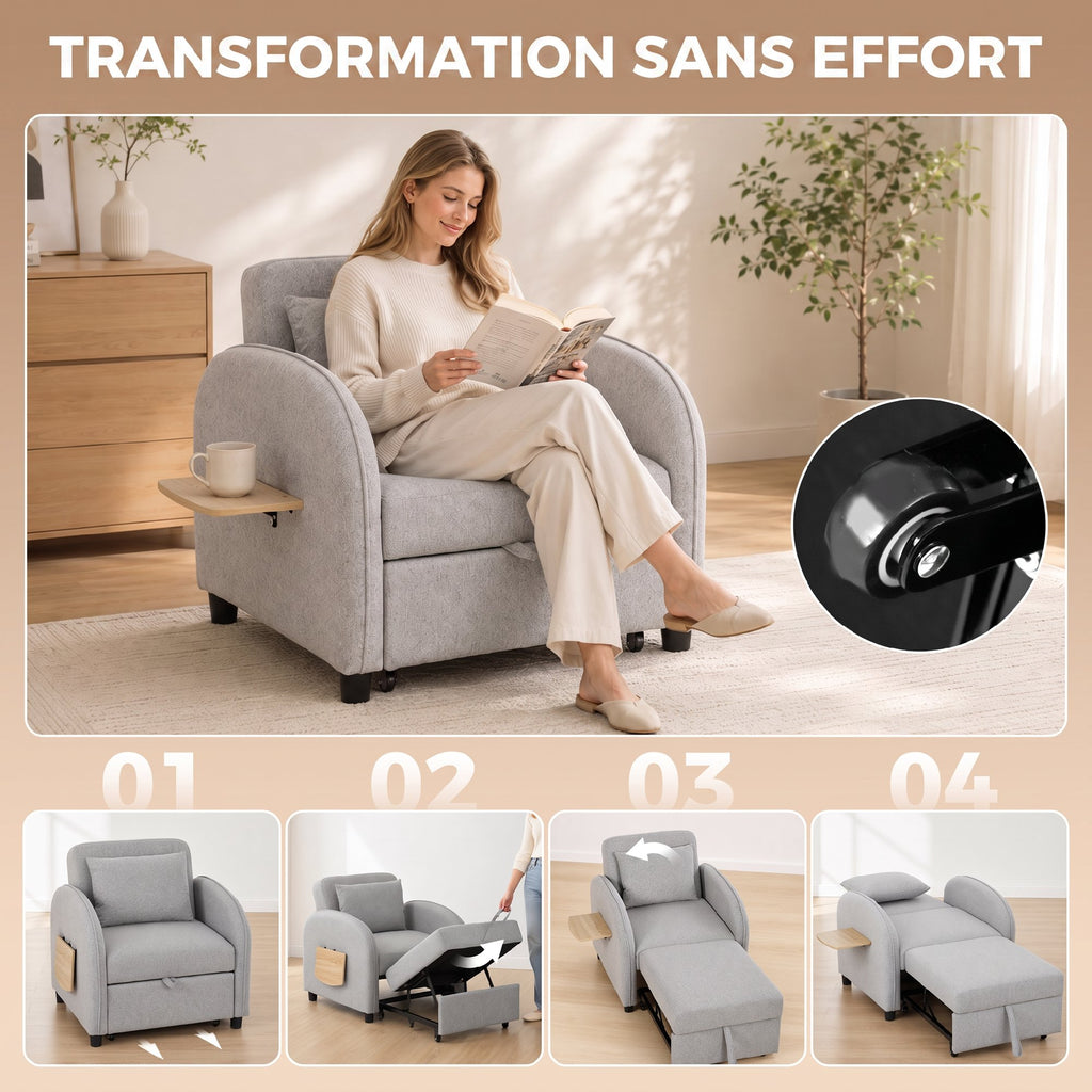 Fauteuil Convertible 1 Place, Fauteuil-Lit Clic-Clac 3 en 1, Dossier Réglable, Tablette Latérale Rabattable, Gris-3