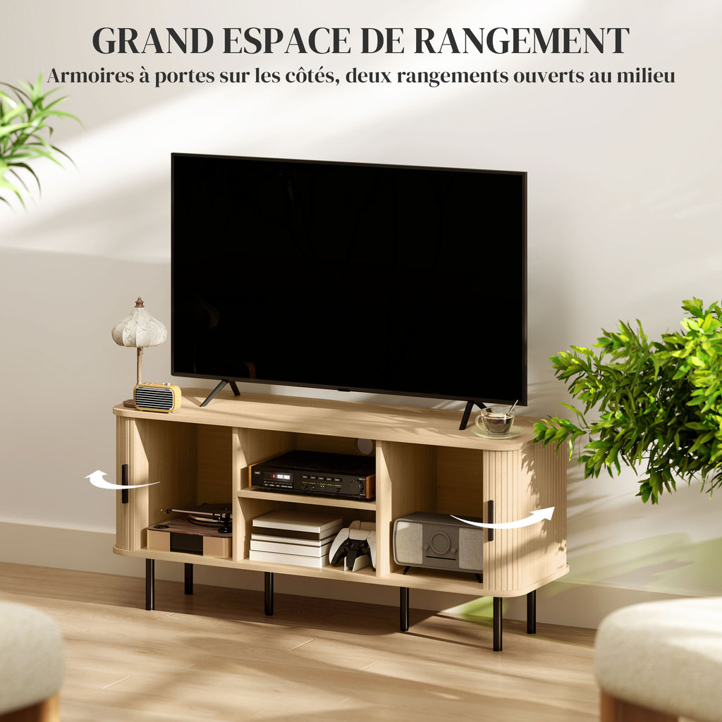 Meuble TV avec 2 portes tambour à lamelles design scandinave pour télévision jusqu'à 55 pouces 120 cm ton chêne-4