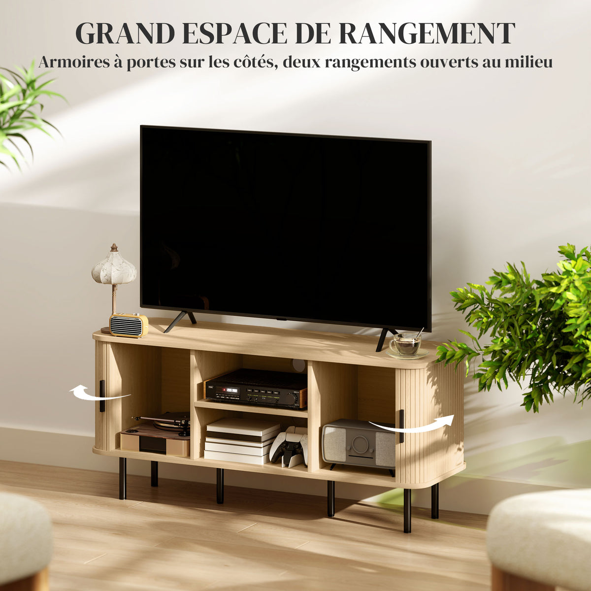 Meuble TV avec 2 portes tambour à lamelles design scandinave pour télévision jusqu'à 55 pouces 120 cm ton chêne-4