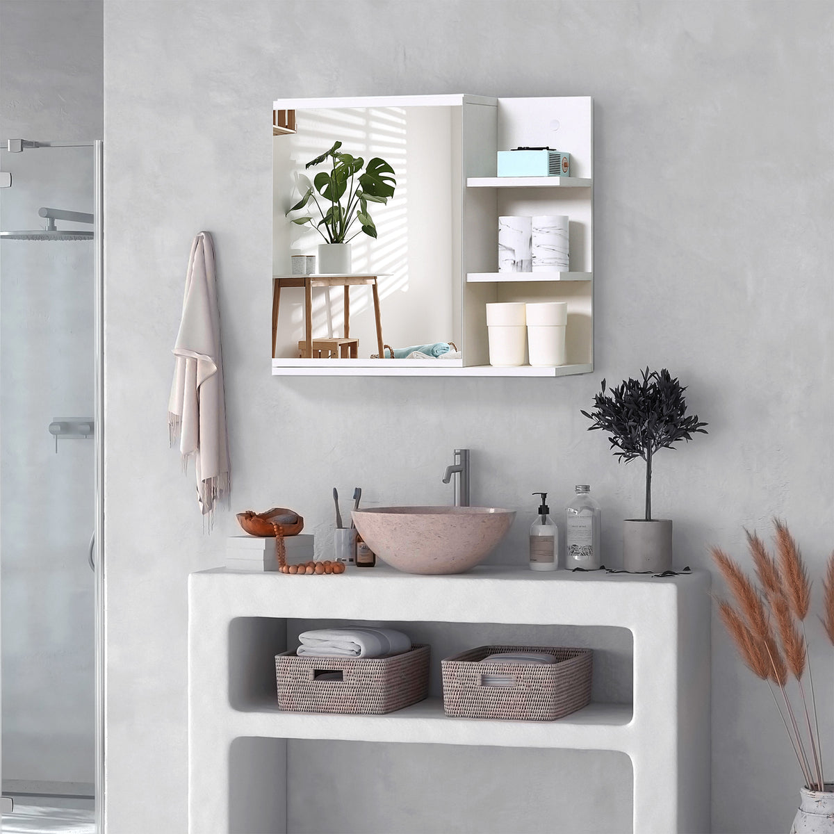 Armoire Miroir de Salle de Bain avec étagère 3 étagères latérales kit Installation Murale fourni en Bois Aspect Blanc-6