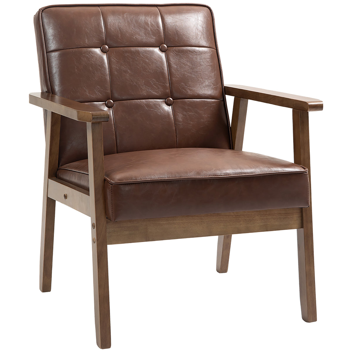 Fauteuil de salon, fauteuil de chambre en cuir synthétique, dossier capitonné, pieds en bois massif, 64x73x81cm, marron-0