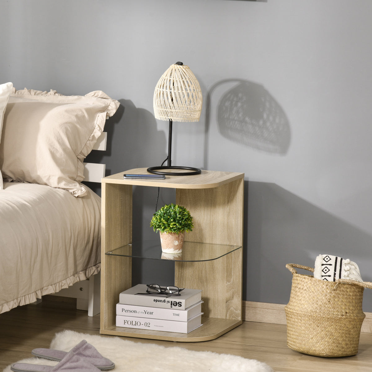 Table d'Appoint Guéridon Design Contemporain Bout de Canapé étagère Verre trempé Bois naturel-9