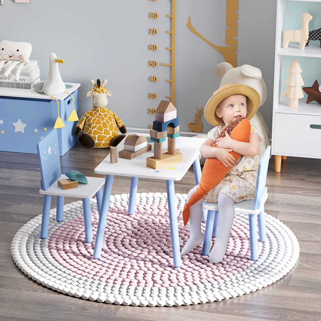 Table enfant avec chaise, ensemble table et 2 chaises en bois pour dessiner, jouer, étudier, bleu-1
