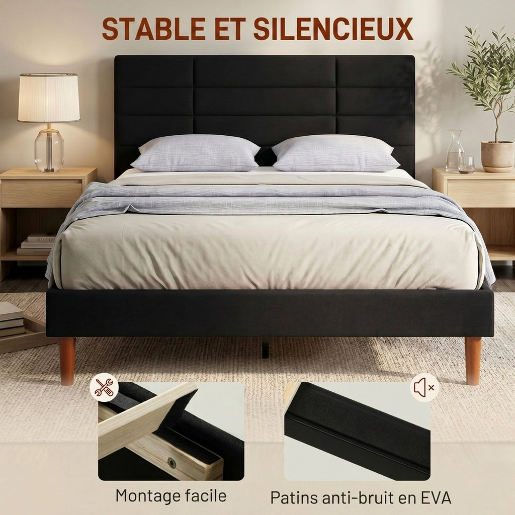 Cadre de Lit 140 x 200 cm avec Sommier Bois, Lit Double Rembourré en Effet Lin, Rangement au-dessous, Sans Bruit, Noir-4