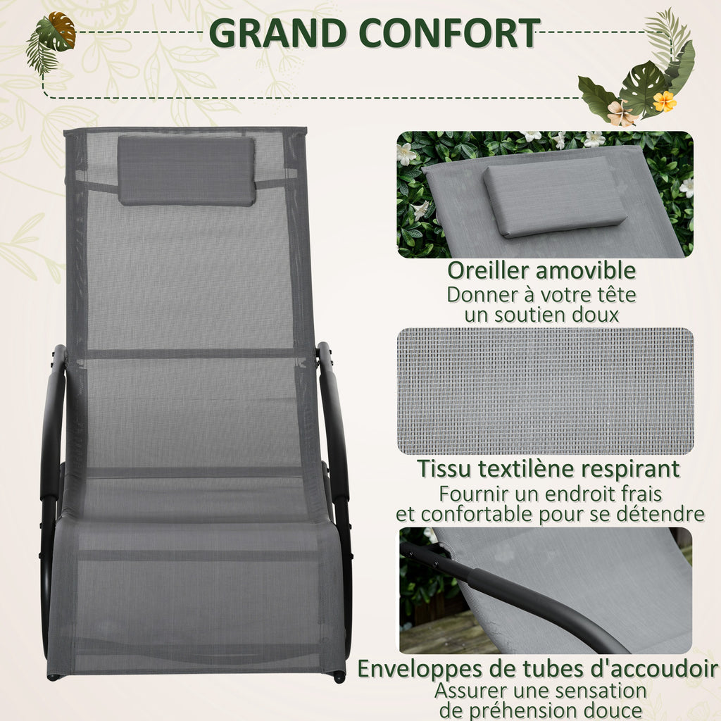 Chaise longue à bascule rocking chair ergonomique avec tétière accoudoirs métal galvanisé textilène Gris-5